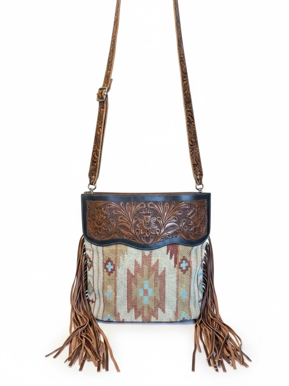 Fringe Genuine Leather Western Crossbody Myra Bag Brown Beige Zipper Large